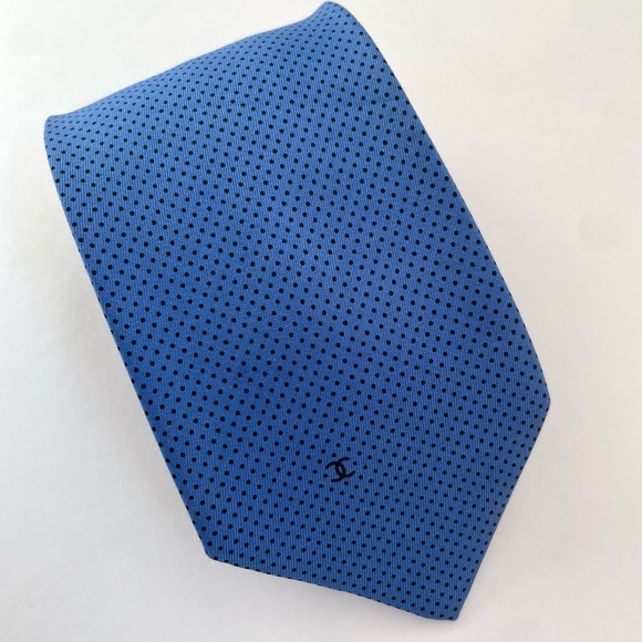 Vintage Chanel Paris Blue Silk CC Logo Polka Dot Neck Tie